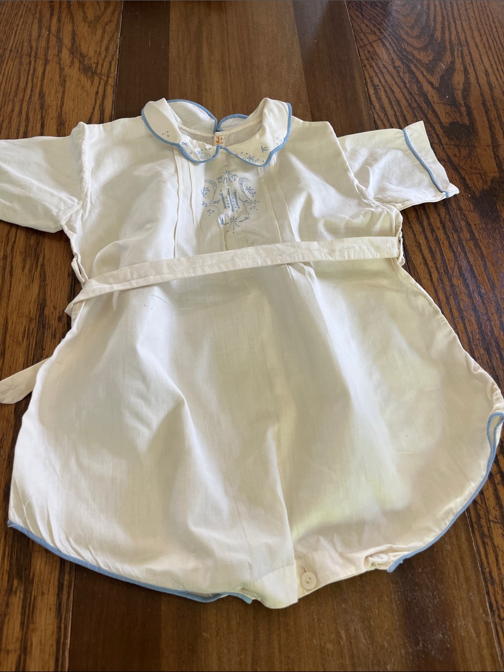 Vintage Beautiful handmade blue trim & embroidery baby romper